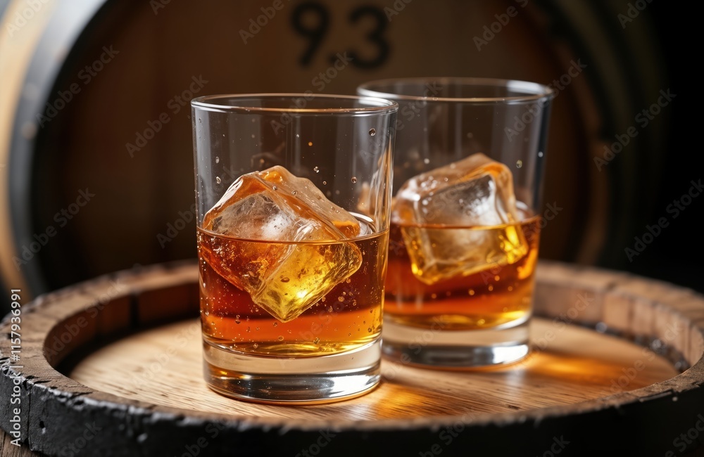 Two whiskey glasses filled with ice cubes, amber-colored liquid sit on wooden barrel. Aging whiskey in oak barrels enhances flavor. Image evokes vintage bar distillery atmosphere. Relaxing, luxurious Two whiskey glasses filled with ice cubes, amber-colored liquid sit on wooden barrel. Aging whiskey in oak barrels enhances flavor. Image evokes vintage bar distillery atmosphere. Relaxing, luxurious