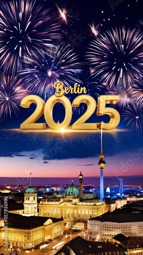 Golden 2025 lights and fireworks in Berlin night sky