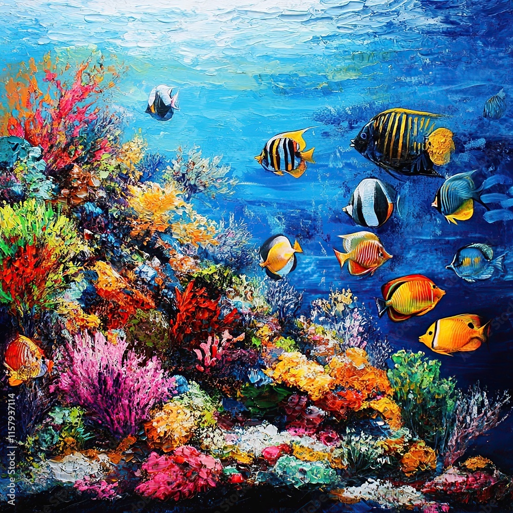 Naklejka premium Vibrant coral reef teeming with colorful fish in a blue ocean.