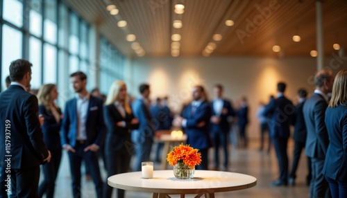Corporate event in elegant venue. Professionals network, socialize. Formal atmosphere. Elegant decorations. Business people in suits converse. Small table with flowers. Planned event. Potential for