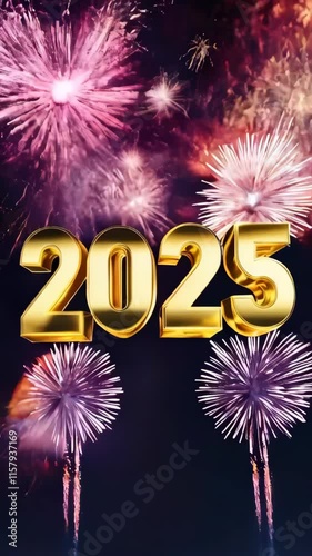 Golden 2025 with sparkling fireworks on a dark night sky