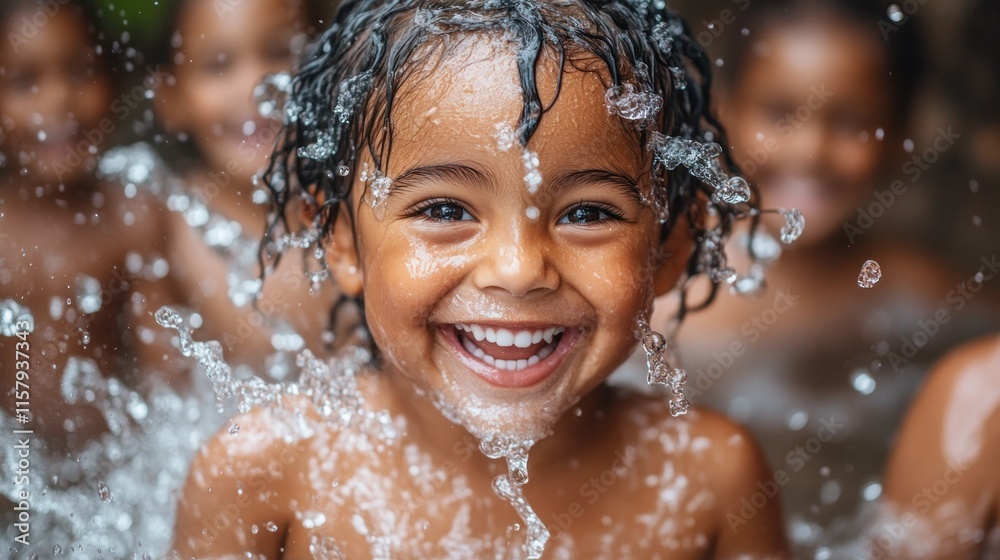 Fototapeta premium A joyful child splashes water while playing with friends, capturing a moment of happiness.