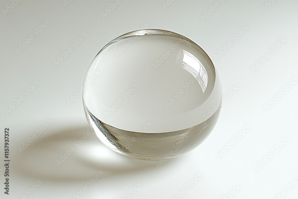 A clear glass sphere sits on a white surface, reflecting light and casting a subtle shadow. A clear glass sphere sits on a white surface, reflecting light and casting a subtle shadow.