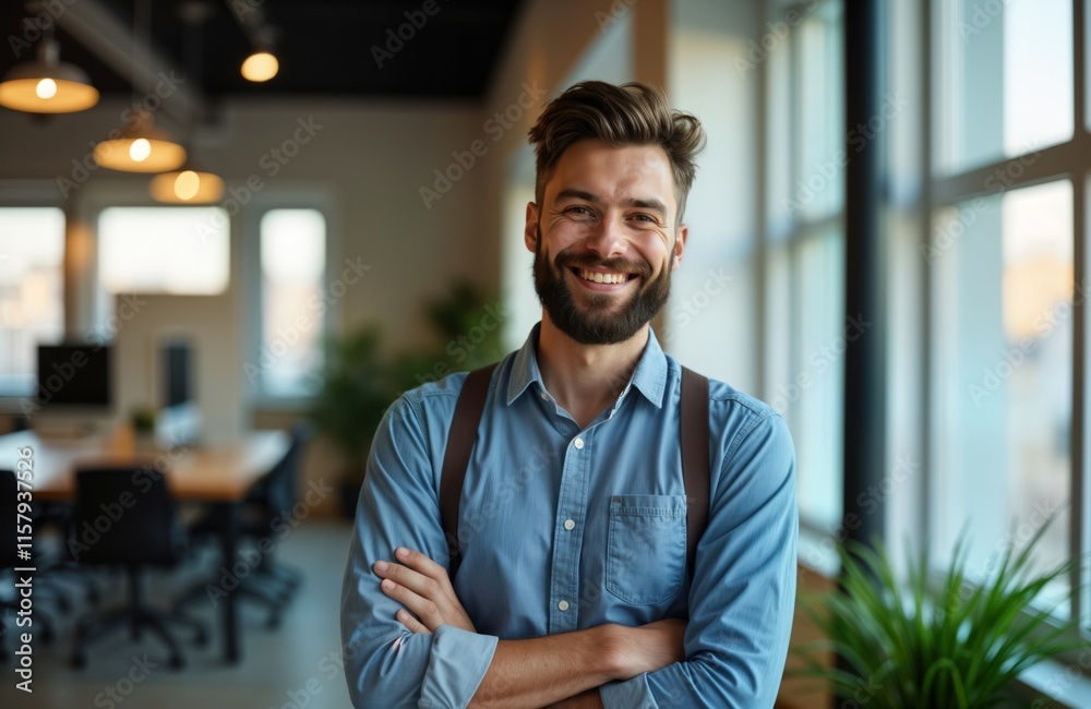 Naklejka premium Happy businessman stands in modern office. Smiles at camera with crossed arms. Modern workspace with large windows visible in background. Entrepreneur, confident, pro. Business portrait indoor.