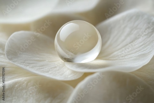 A transparent sphere rests gently on soft, white petals, creating a serene and minimalist image. photo