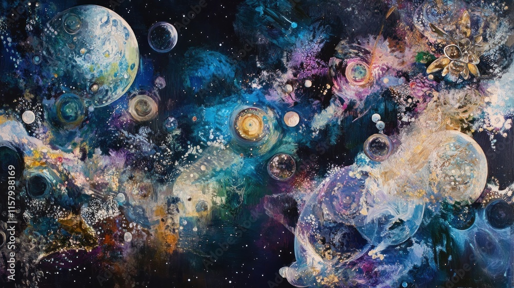 Cosmic nebula with planets, stars, and swirling galaxies.