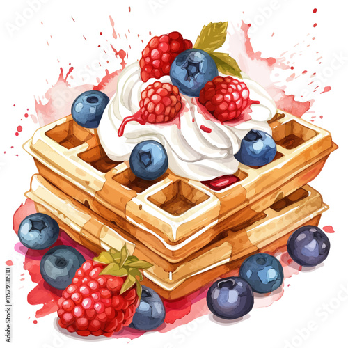 A watercolor vector painting of Belgian waffles with whipped cream and berries, isolated on a white background. Belgian waffles vector.


