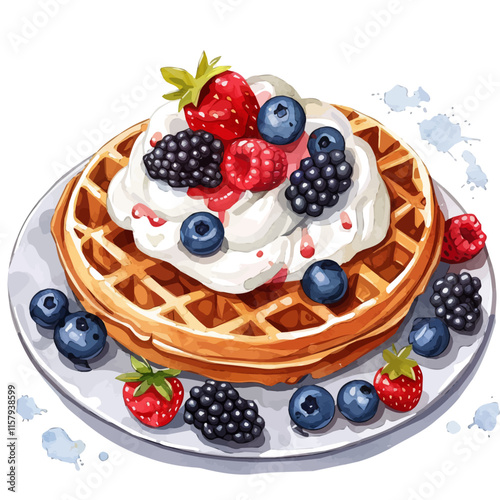 A watercolor vector painting of Belgian waffles with whipped cream and berries, isolated on a white background. Belgian waffles vector.

