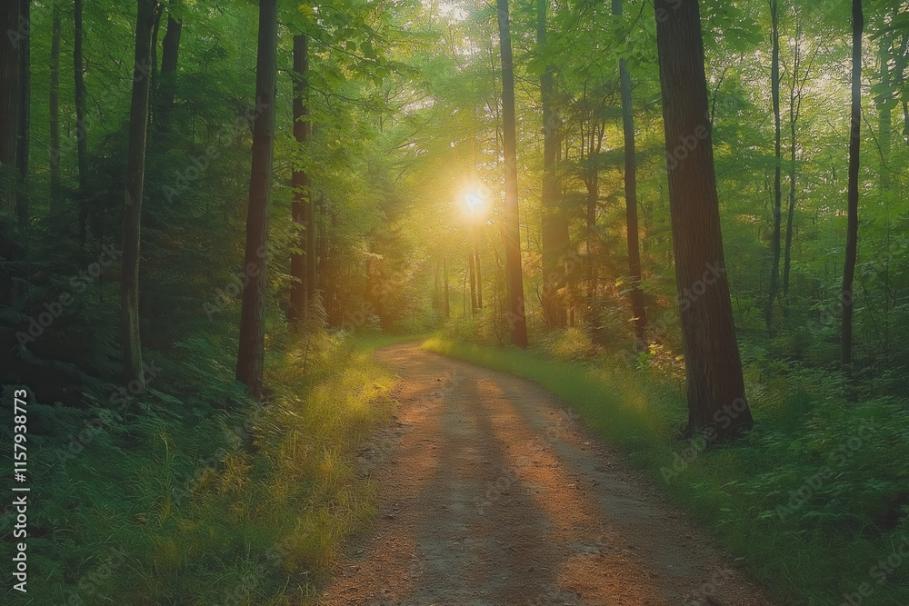 Fototapeta premium Sunlit path through a lush green forest. Tranquil and serene nature scene.