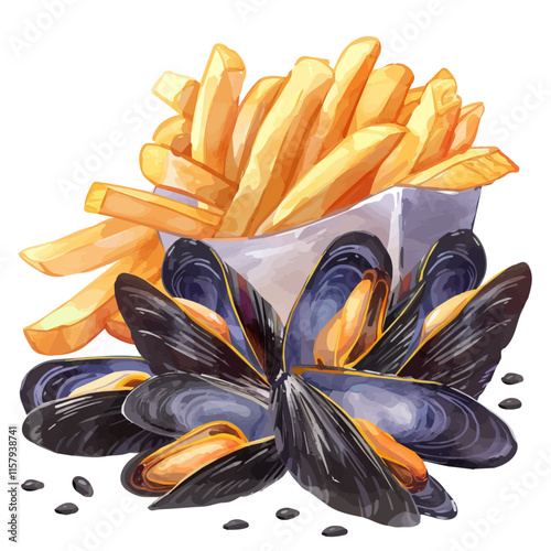 A watercolor vector painting of Belgian mussels with fries, isolated on a white background. Belgian mussels vector.

