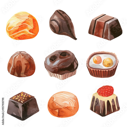 A watercolor vector painting of Belgian chocolate pralines with fillings, isolated on a white background. Belgian chocolate pralines vector.

