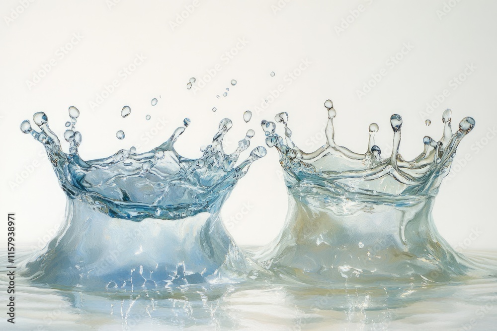 Two crown-shaped water splashes meet, creating a visually stunning and refreshing image. Two crown-shaped water splashes meet, creating a visually stunning and refreshing image.