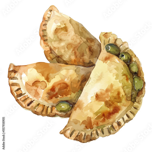 A watercolor vector painting of Argentine empanadas filled with beef and olives, isolated on a white background. Argentine empanadas vector.

