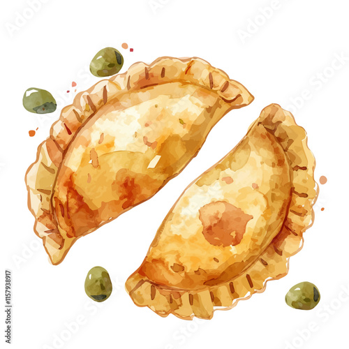 A watercolor vector painting of Argentine empanadas filled with beef and olives, isolated on a white background. Argentine empanadas vector.

