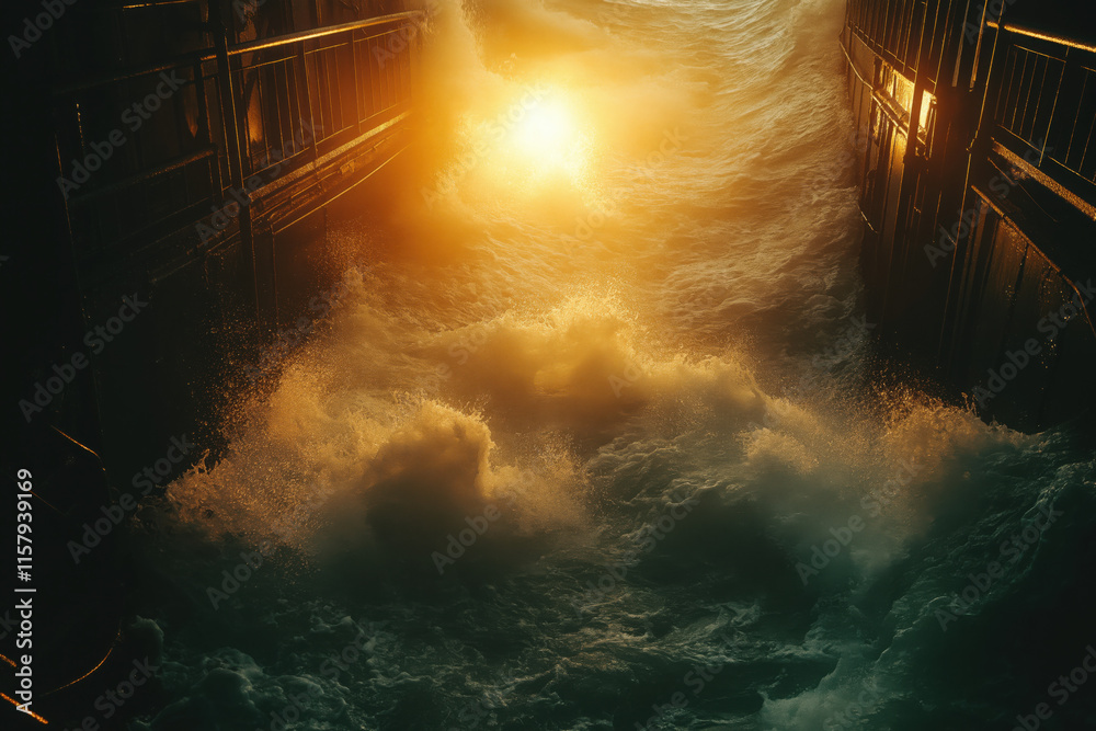 Fototapeta premium Golden sunset, waves crashing against a structure.