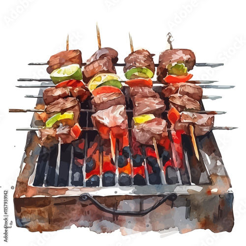 A watercolor vector painting of Argentine asado barbecue with grilled meat, isolated on a white background. Argentine asado vector.

