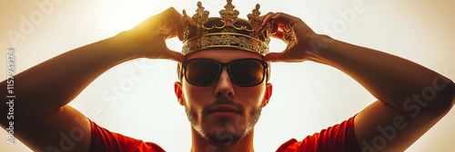 A man confidently adjusts his crown while wearing sunglasses, representing modern royalty and style. photo