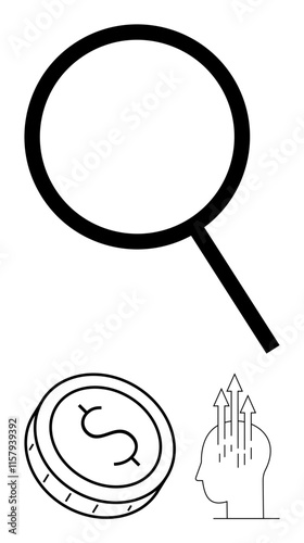 Magnifying glass above dollar coin and head with upward arrows, emphasizing financial analysis. Ideal for finance, growth, strategy, investigation, business, economy vision. Line metaphor