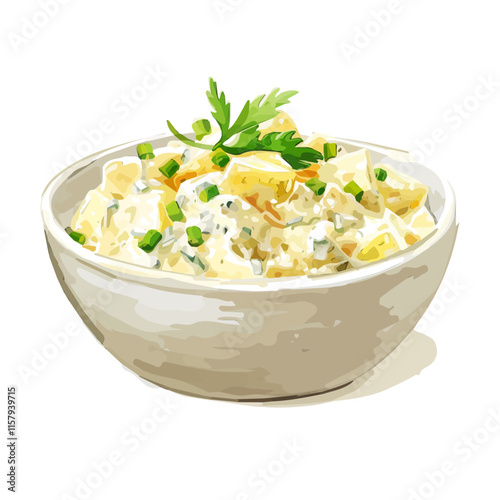 A watercolor vector painting of American potato salad with mayonnaise and mustard, isolated on a white background. American potato salad vector.

