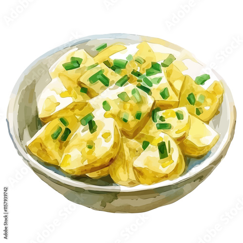 A watercolor vector painting of American potato salad with mayonnaise and mustard, isolated on a white background. American potato salad vector.

