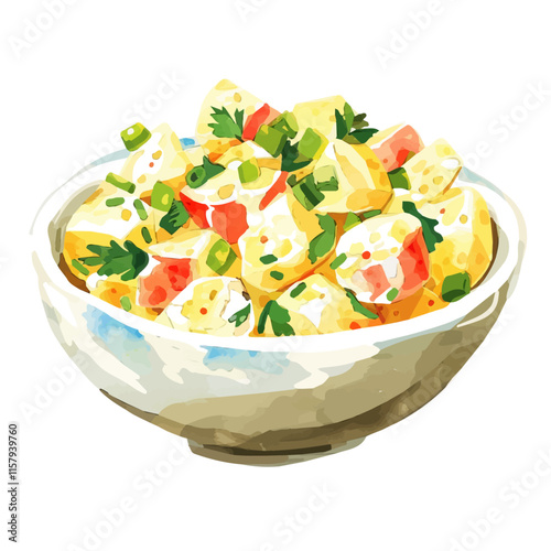 A watercolor vector painting of American potato salad with mayonnaise and mustard, isolated on a white background. American potato salad vector.

