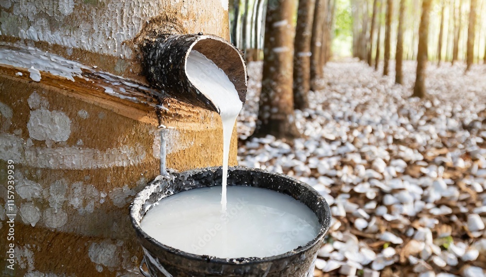 Natural Rubber Tree Tapping with White Latex Dripping into Small Cups Natural Rubber Tree Tapping with White Latex Dripping into Small Cups