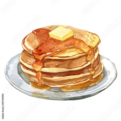 A watercolor vector painting of American pancakes with maple syrup and butter, isolated on a white background. American pancakes vector.


