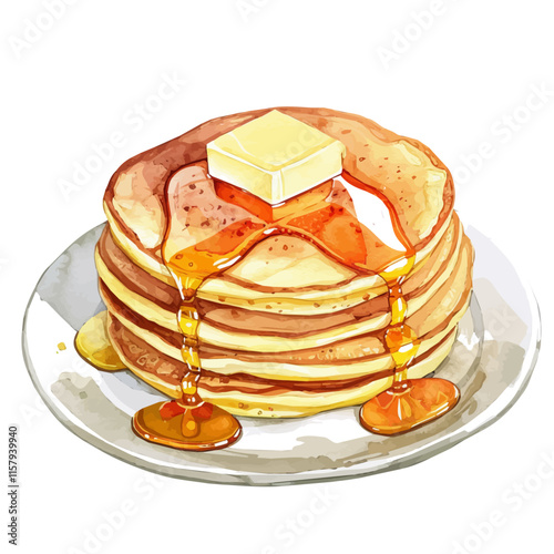 A watercolor vector painting of American pancakes with maple syrup and butter, isolated on a white background. American pancakes vector.

