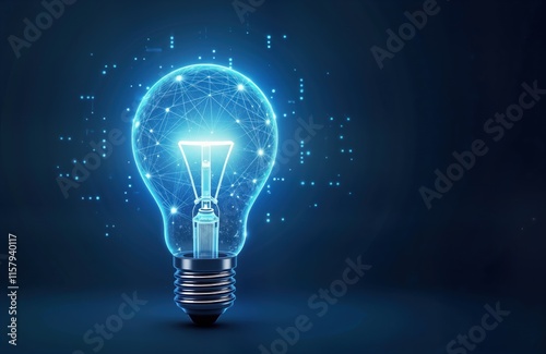 Futuristic light bulb glows blue. AI-generated image. Network of lines, dots create digital illustration. Tech innovation concept. Abstract design. Modern graphic style. Idea of energy, connection.