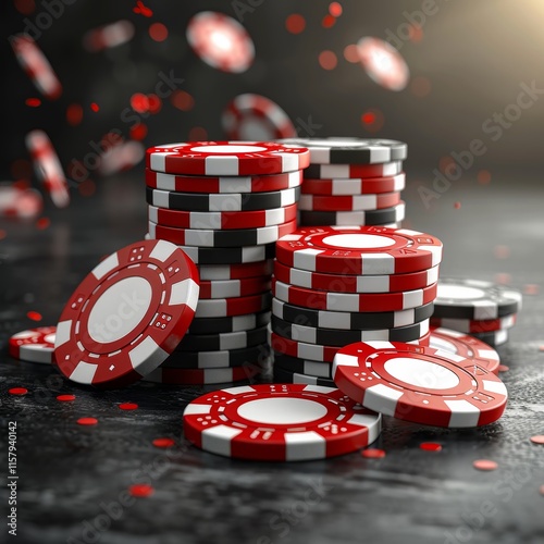 Stacks of poker chips prioritized in a casino environment at night