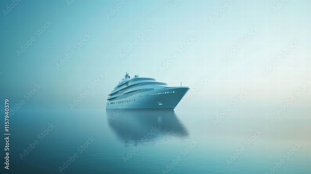 Naklejka premium Luxury cruise ship sails on calm sea with serene backdrop and ample space for added text. Generative AI