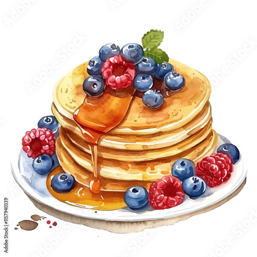 A watercolor vector painting of American pancakes with maple syrup and berries, isolated on a white background. American pancakes vector.

