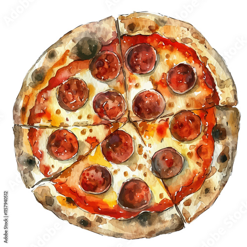 A watercolor vector painting of American New York-style pizza with pepperoni, isolated on a white background. American New York-style pizza vector.


