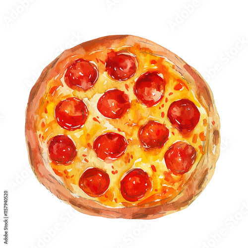 A watercolor vector painting of American New York-style pizza with pepperoni, isolated on a white background. American New York-style pizza vector.

