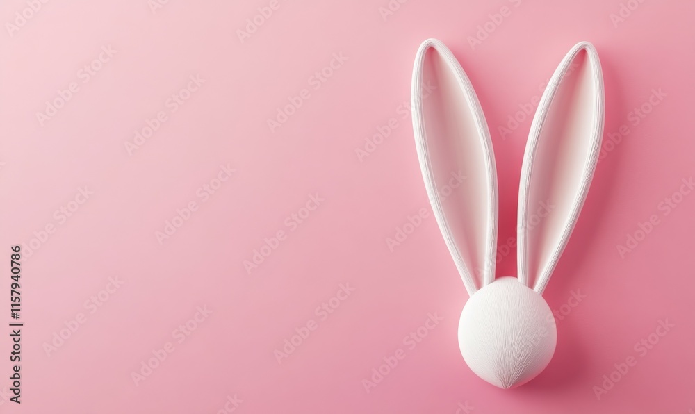Fototapeta premium White Rabbit Ears against Pink Background. Easter concept with copy-space. .