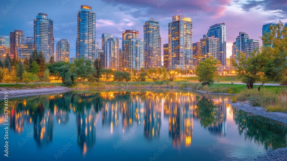 Naklejka premium Scenic City Reflections at Dawn Over a Calm River