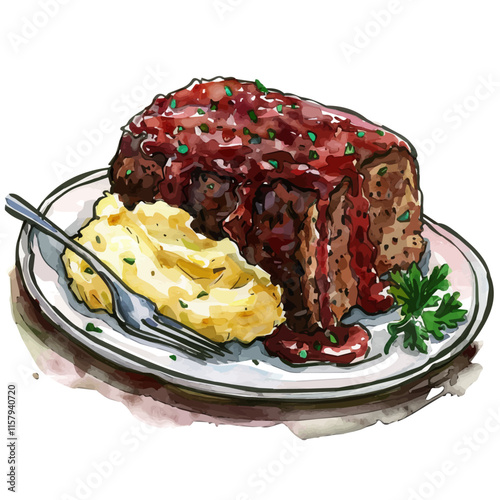 A watercolor vector painting of American meatloaf with mashed potatoes, isolated on a white background. American meatloaf vector.

