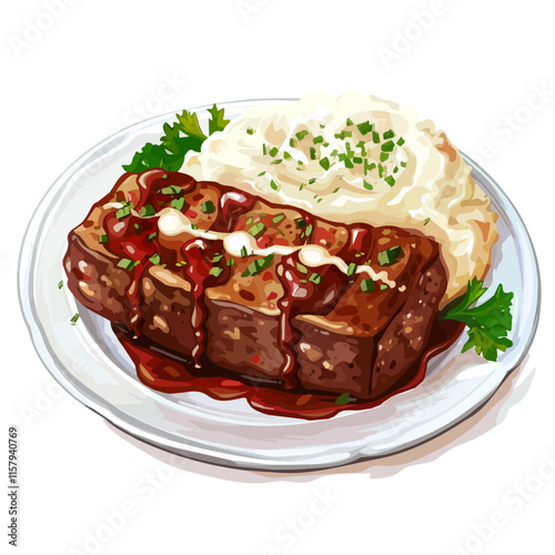 A watercolor vector painting of American meatloaf with mashed potatoes, isolated on a white background. American meatloaf vector.

