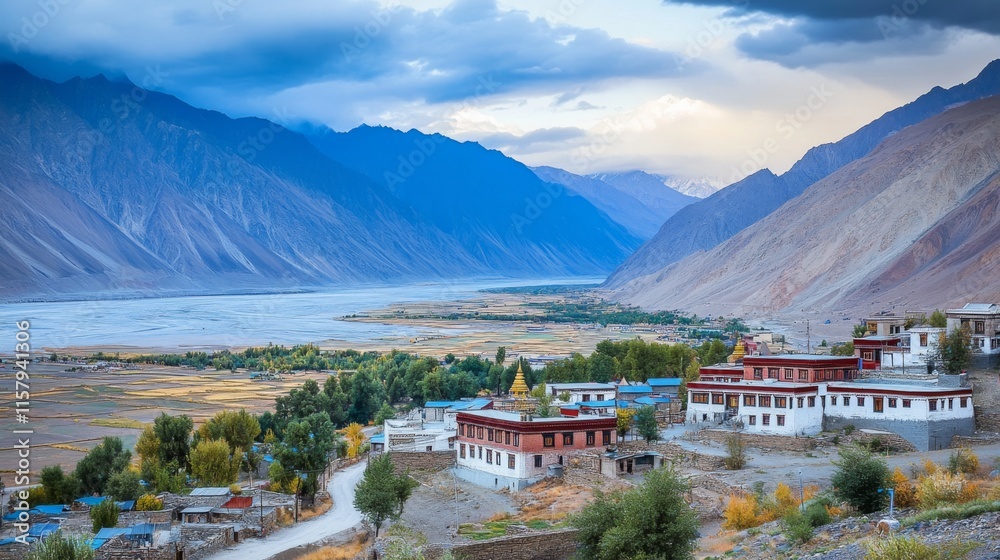 Obraz premium Scenic Monasteries Overlooking a Serene Valley