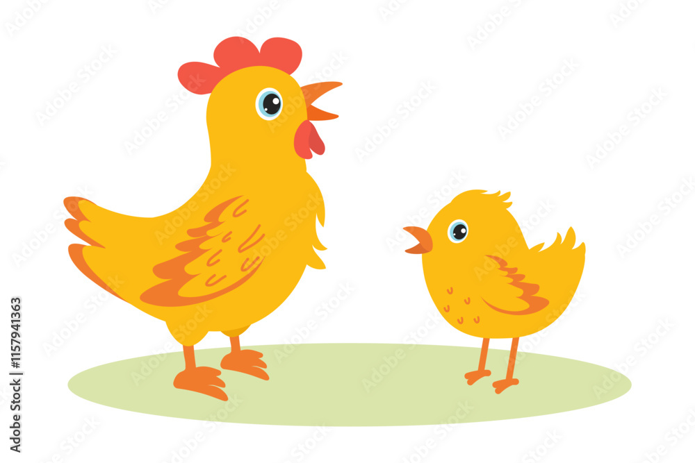 Chicken and chick interacting in a colorful cartoon setting Chicken and chick interacting in a colorful cartoon setting