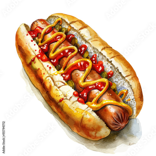 A watercolor vector painting of American hot dog with mustard and ketchup, isolated on a white background. American hot dog vector.

