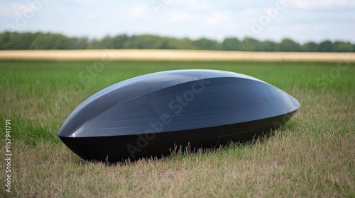 Sleek Black Velomobile on a Lush Green Field photo