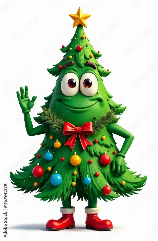 A colorful cartoon character dressed as a Christmas tree stands with a friendly wave. The character features ornaments, a star, and a bow, capturing the festive spirit of the holiday season. A colorful cartoon character dressed as a Christmas tree stands with a friendly wave. The character features ornaments, a star, and a bow, capturing the festive spirit of the holiday season.