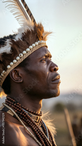 A male zulu warrior stands solemnly against a sunset backdrop, showcasing intricate jewelry and a traditional headdress in a serene rural setting - Generative AI photo