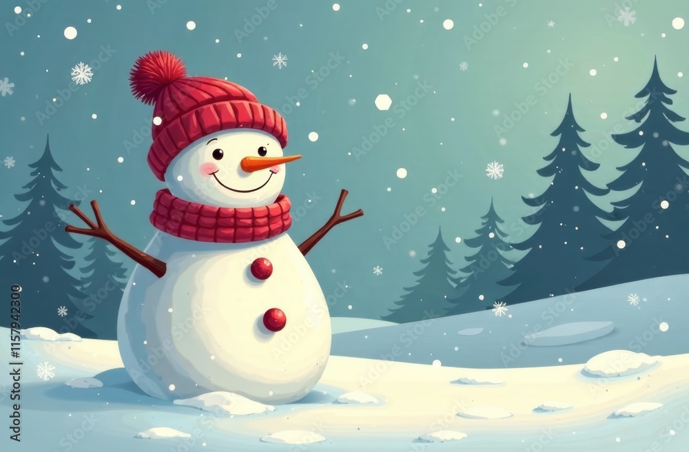 A cheerful snowman stands in a snowy landscape, adorned with a red hat and scarf. Flakes of snow gently fall around him, with pine trees in the background, creating a serene winter atmosphere. A cheerful snowman stands in a snowy landscape, adorned with a red hat and scarf. Flakes of snow gently fall around him, with pine trees in the background, creating a serene winter atmosphere.