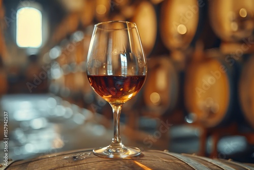 A polished glass filled with rich amber liquor rests on a wooden barrel. The background showcases barrels lined against the walls of a warm, inviting tasting room filled with soft light. photo