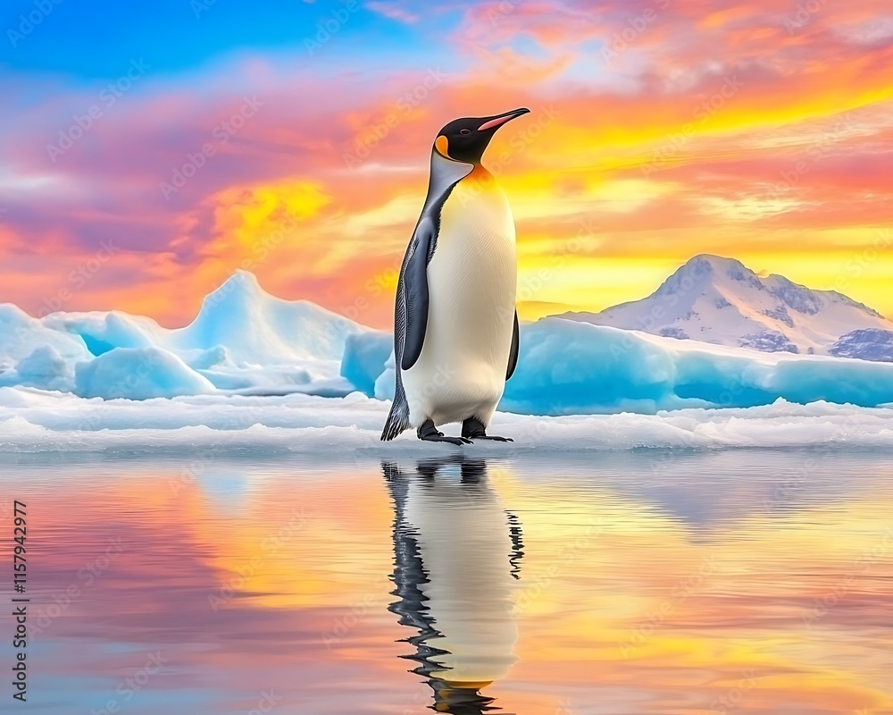 Fototapeta premium Hyper realistic wild animals, Majestic Emperor Penguin on Iceberg at Sunset