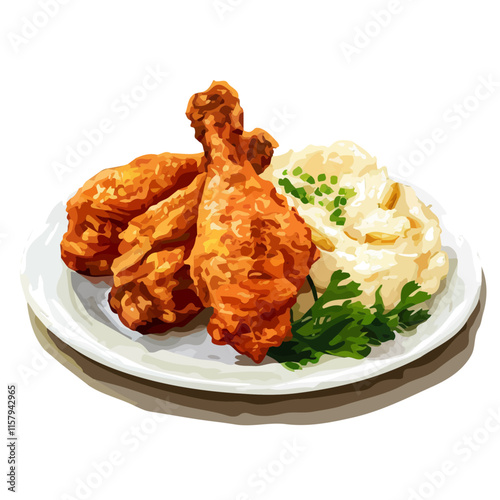 A watercolor vector painting of American fried chicken with mashed potatoes, isolated on a white background. American fried chicken vector.

