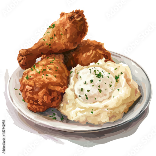 A watercolor vector painting of American fried chicken with mashed potatoes, isolated on a white background. American fried chicken vector.

