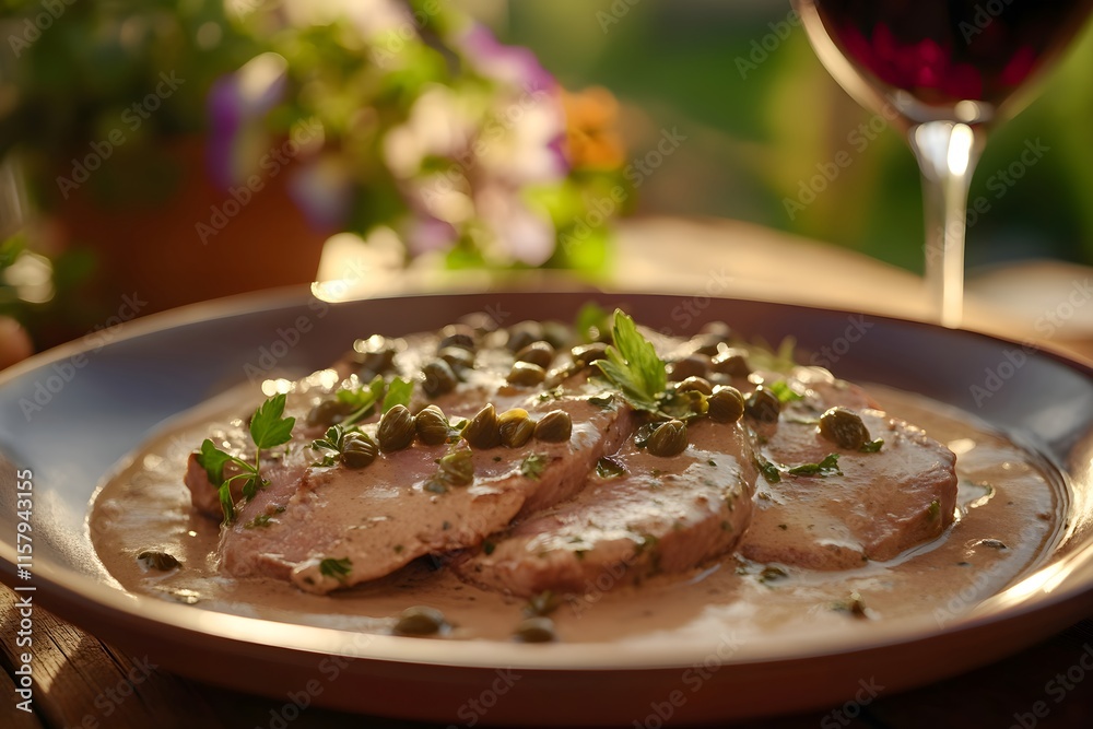 Close-up of Vitello Tonnato: tender veal slices with creamy tuna sauce and capers, on a rustic plate in a sunlit Italian garden, wine nearby Close-up of Vitello Tonnato: tender veal slices with creamy tuna sauce and capers, on a rustic plate in a sunlit Italian garden, wine nearby